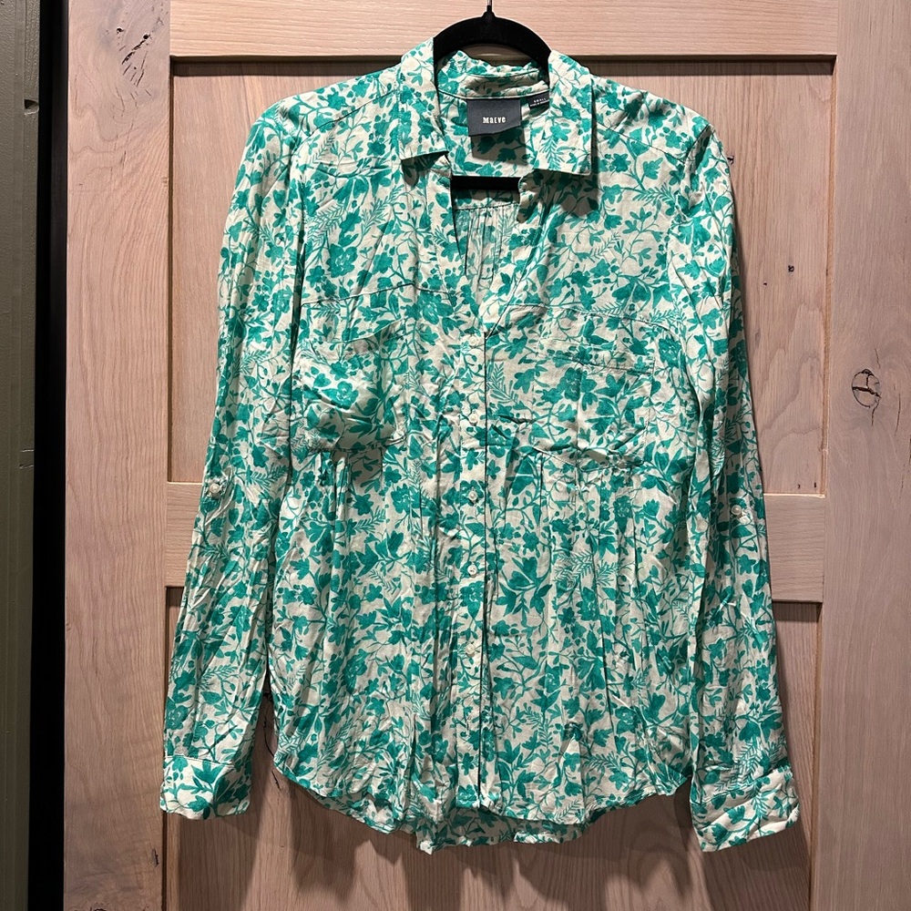 Anthropologie Green Floral Button Down Shirt